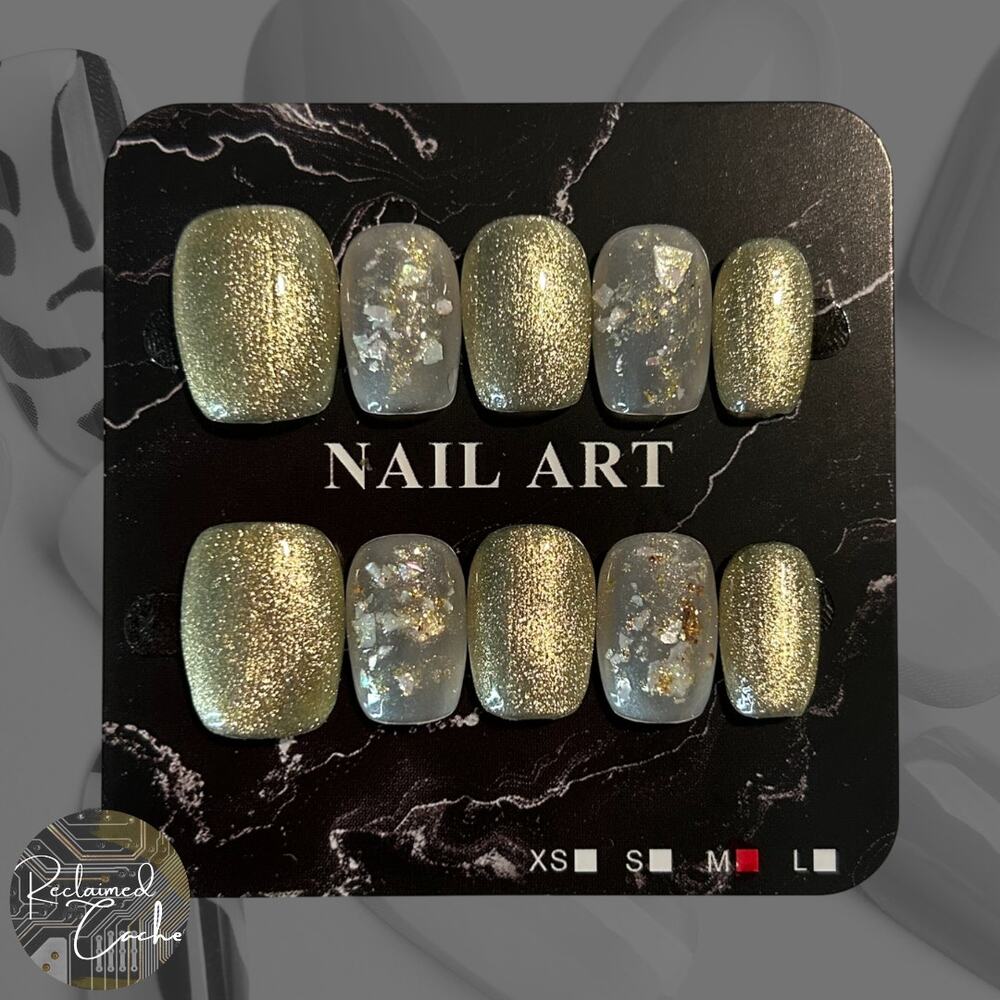 Gold Shimmer & Translucent Iridescent Short Square Press On Nails - Size Medium